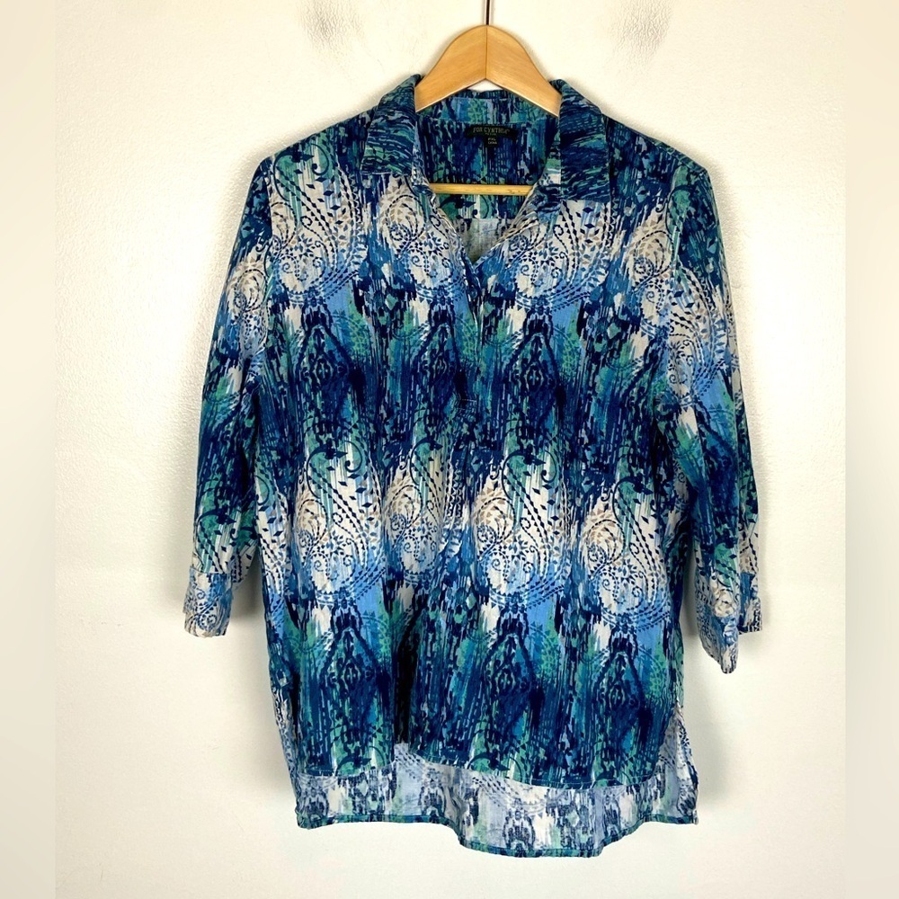 For Cynthia Linen Blend Top  PXL Petite Blue Multicolor 3/4 Sleeve Henley Neck